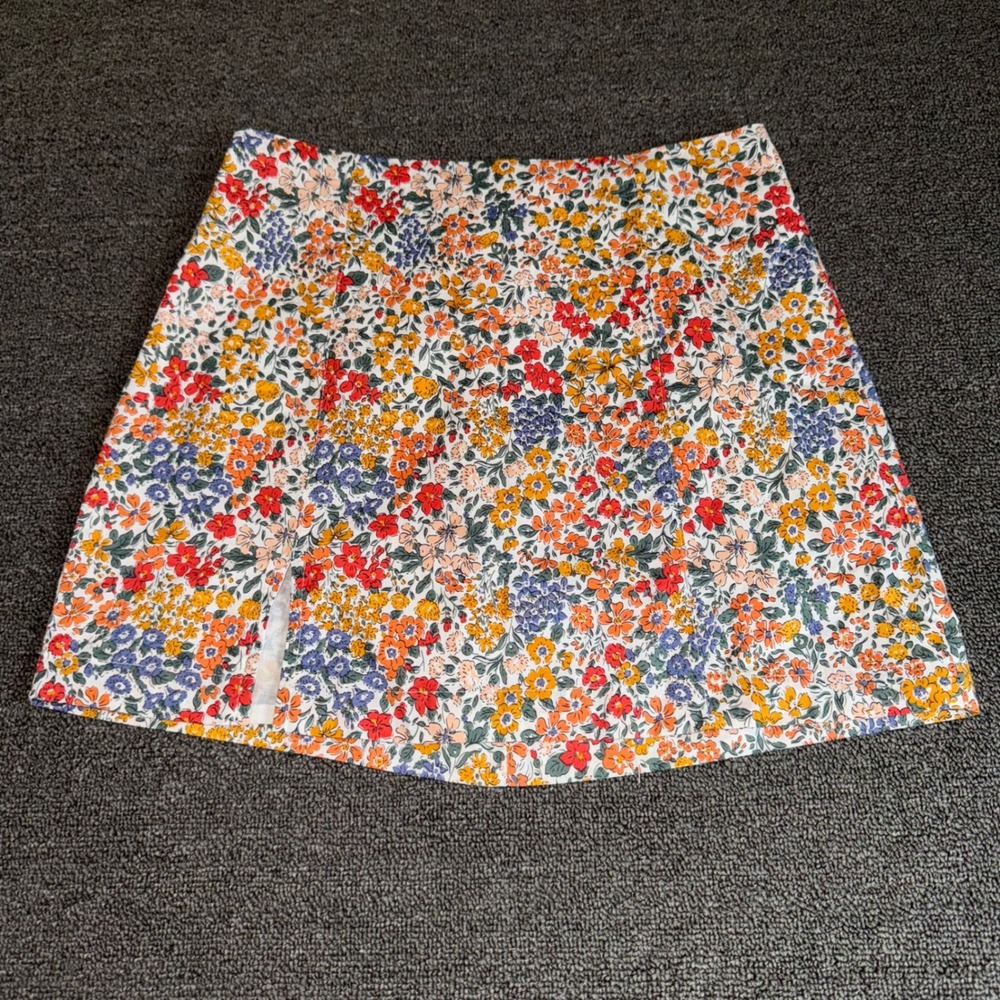 Pink Lily Floral Mini Skirt Multi Color Cotton A-Line Front Slit Size Small